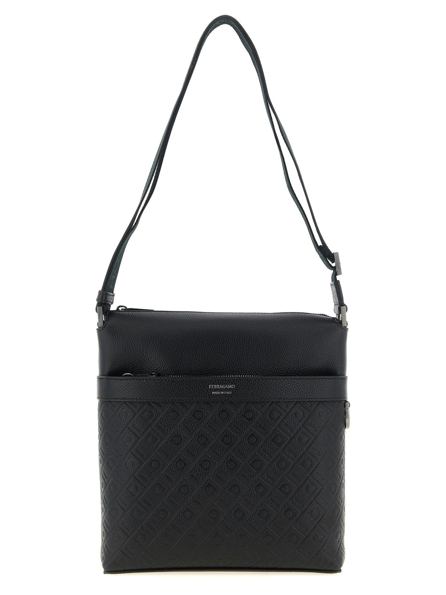 Ferragamo Monogram Embossed Crossbody Bag — Black Hammered Calf Leather