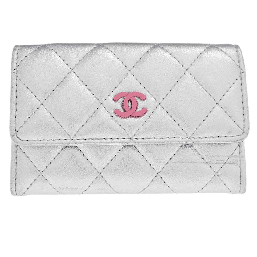 Chanel Cc Flap Card Case Quilted Lambskin Silver Leather Accessory