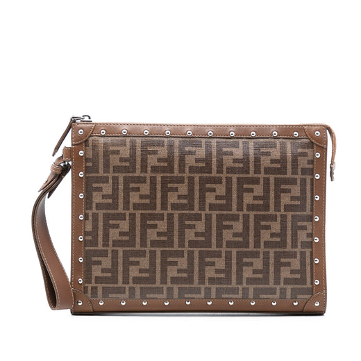 Studded Leather Trimmed Zucca Coated Canvas Clutch - Image 1