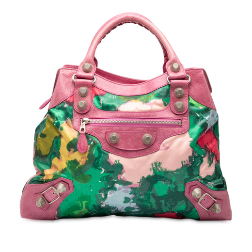 Lambskin and Satin Floral Print Motocross Giant 21 Brief Satchel - Image 1