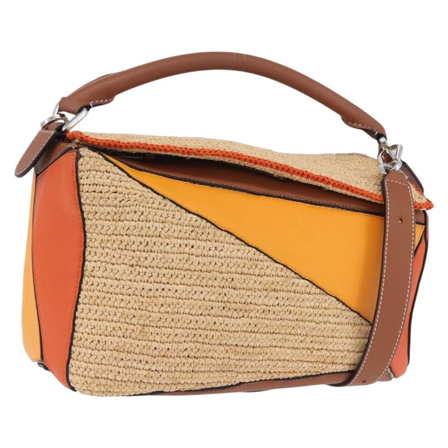 Loewe Puzzle Leather And Raffia Beige Bag