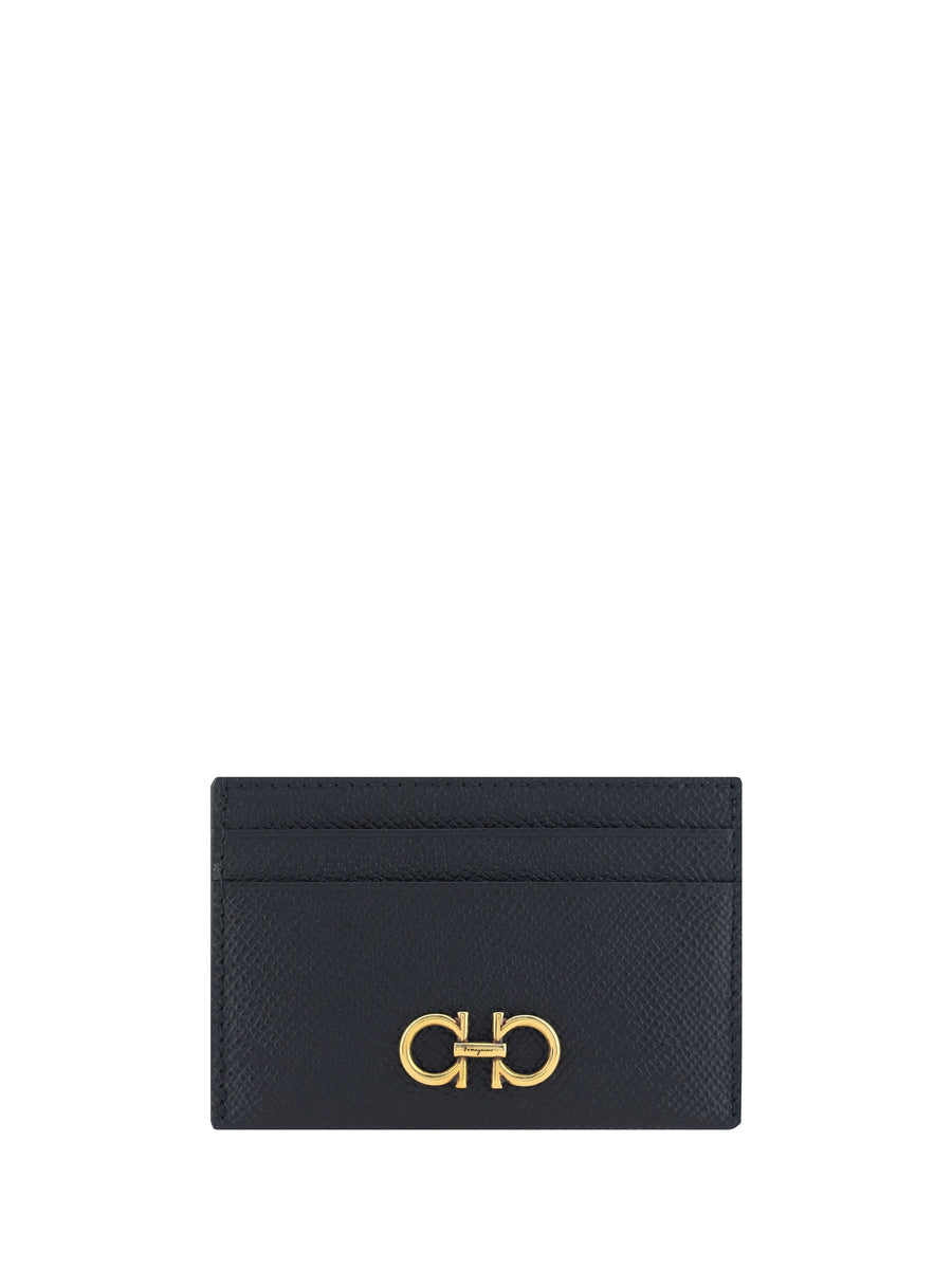 Ferragamo Gancini Embossed Calf Leather Card Case — Black Bos Taurus Wallet