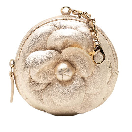 Mini CC Metallic Lambskin Camellia Bouquet Round Zip Coin Pouch - Image 1