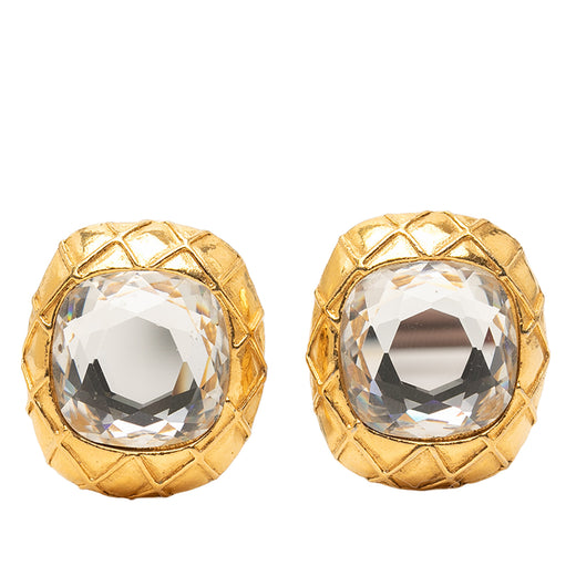 Gold Plated Quilted Large Crystal Clip On Earrings - Image 1