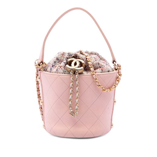 Small CC Calfskin and Tweed Drawstring Bucket Bag - Image 1