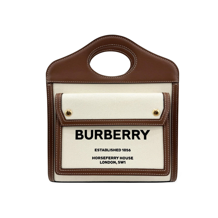 Burberry Logo Pocket Leather With Check Canvas Brown Bag