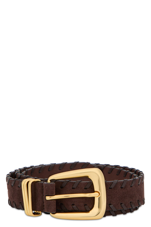 Veronica Beard Gold Buckle Leather Belt — Brown Calf Skin