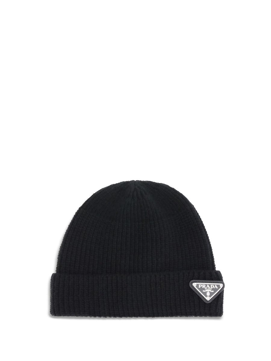 Prada 2hc4263im Logo-Plaque Ribbed Wool Beanie — Black Beanies
