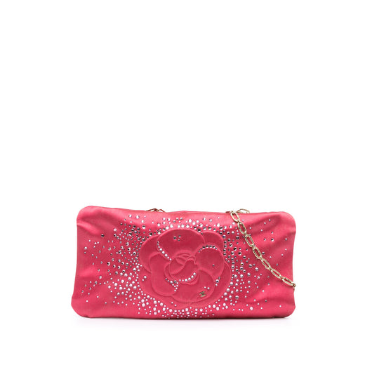 Satin Diamante Camellia Clutch with Chain - Image 1