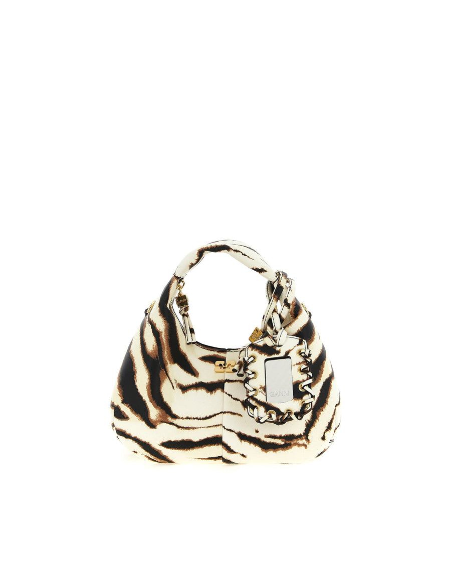 Ganni Zebra-Print Polyurethane Mini Hobo Bag — White
