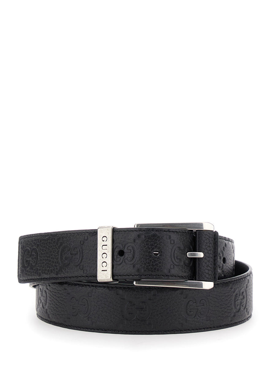 Gucci Grained Leather With Logo Embossed Belt — Black Calf