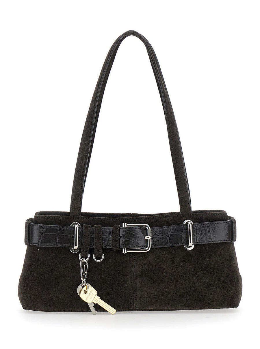 Osoi Suede With Crocodile-Embossed Belt Shoulder Bag — Brown Cow