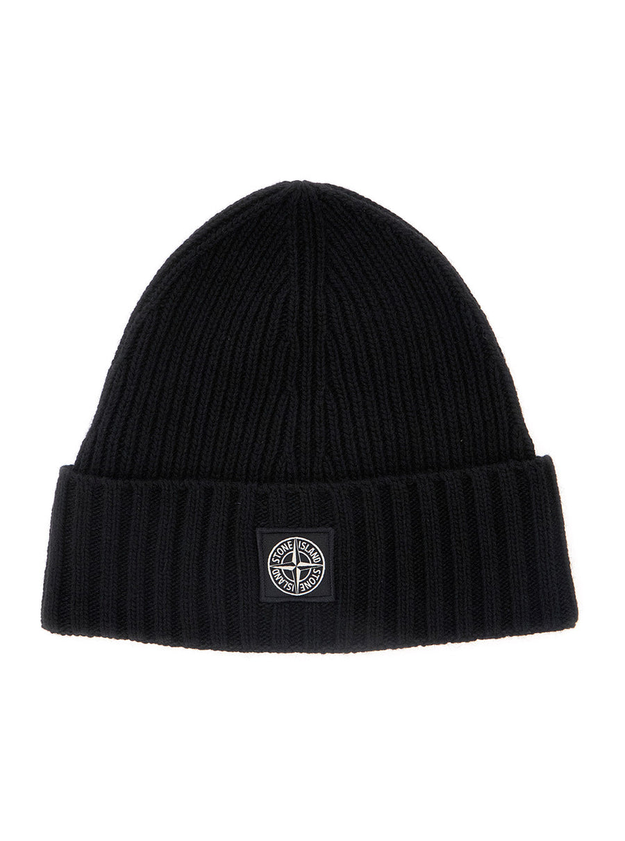 Stone Island K2s16n100003s00m3 Logo-Patched Virgin Wool Beanie — Black Beanies