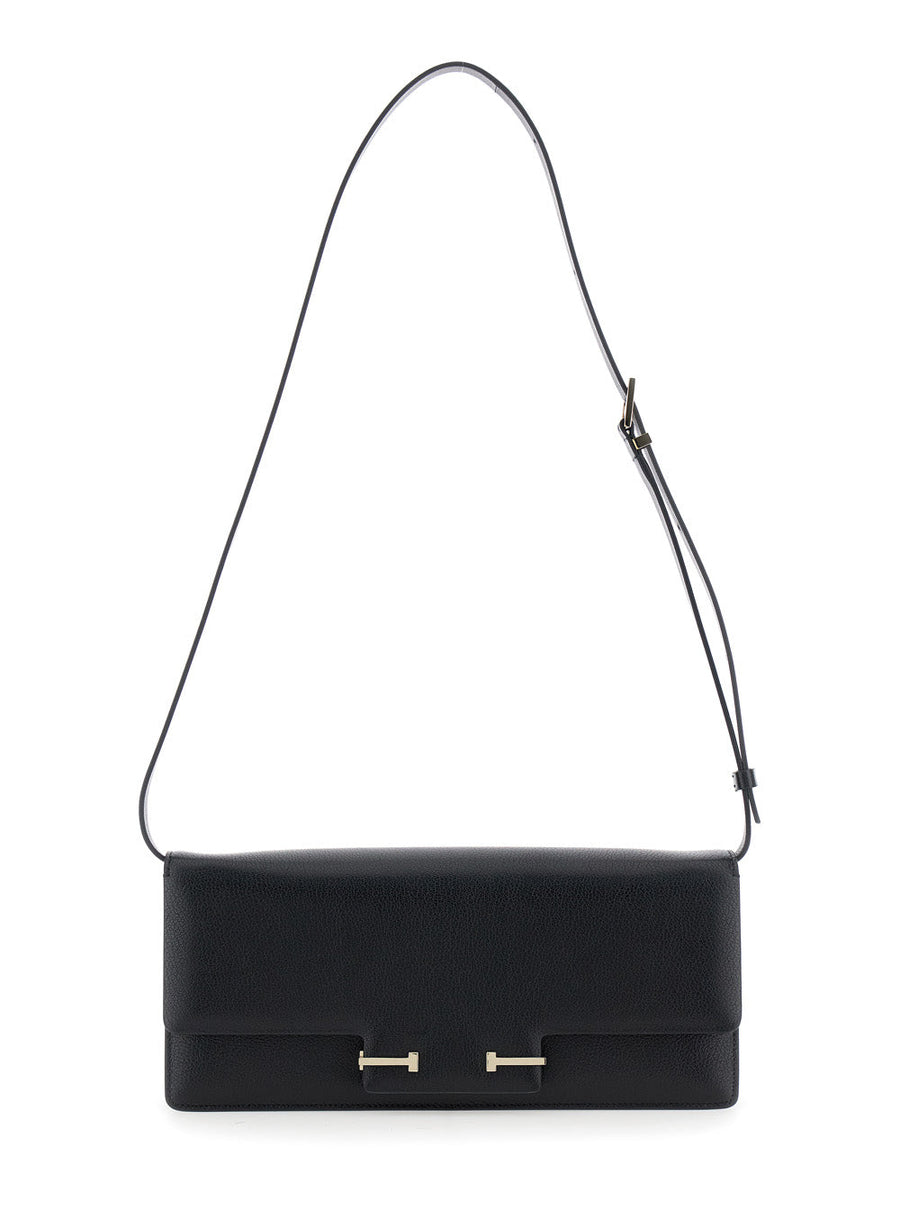 Tom Ford T Plaque Closure Crossbody Bag — Black Goat Leather