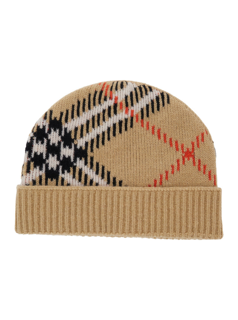 Burberry 8114768 Wool Check-Pattern Beanie — Beige Beanies
