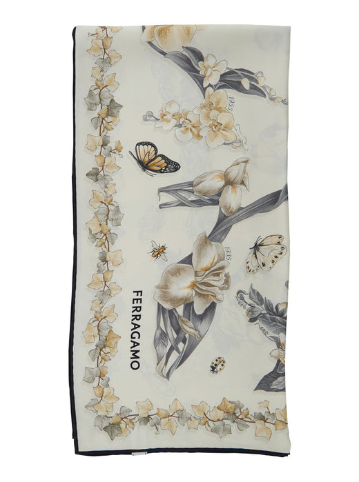 Ferragamo Floral Print Silk Scarf — Beige Scarfs