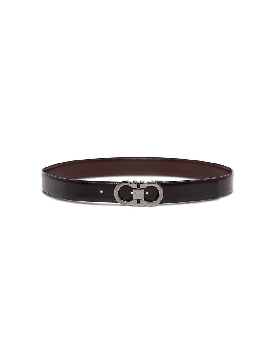 Ferragamo Gancini Buckle Reversible Belt — Black Calfskin