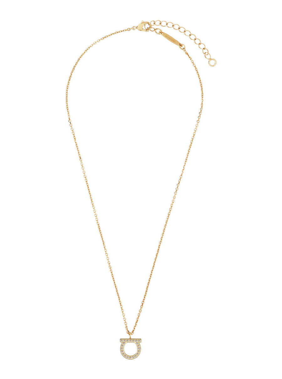 Ferragamo Rhinestone-Embellished Pendant Necklace — Gold Brass Necklaces