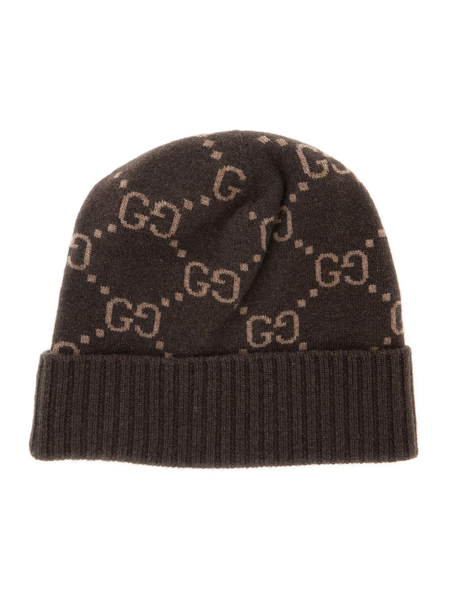 Gucci 811392 Gg Jacquard Cashmere Beanie — Brown Beanies