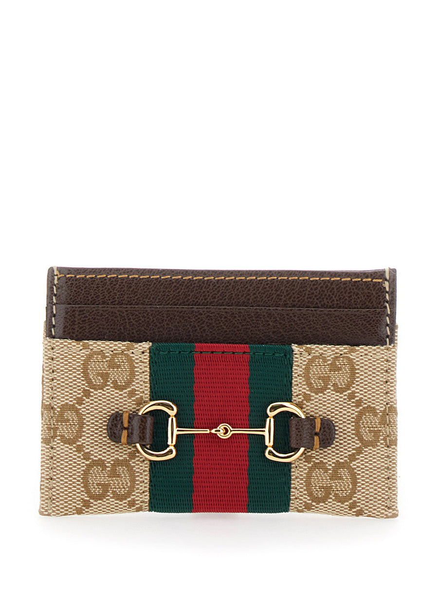 Gucci Horsebit & Web Stripe Card Case — Beige Fabric Cases
