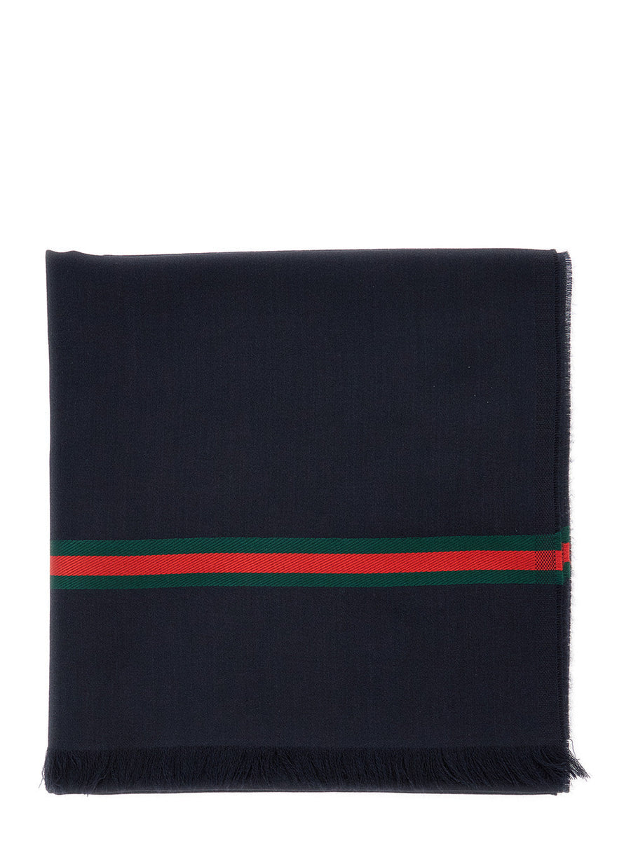 Gucci Web Stripe Gg Logo Silk Twill Scarf — Navy Scarfs