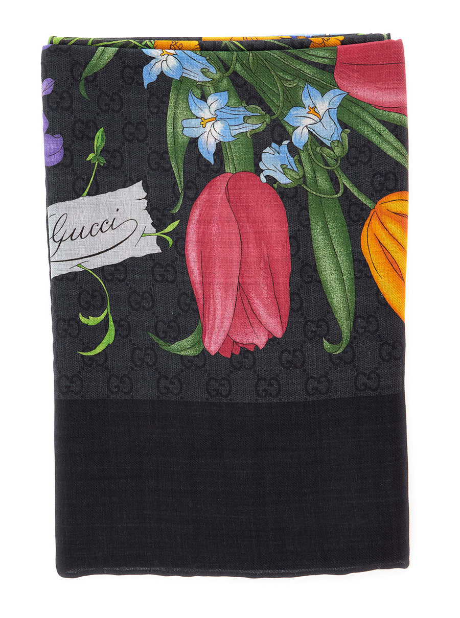 Gucci Floral Wool-Silk Blend Scarf — Black Scarfs