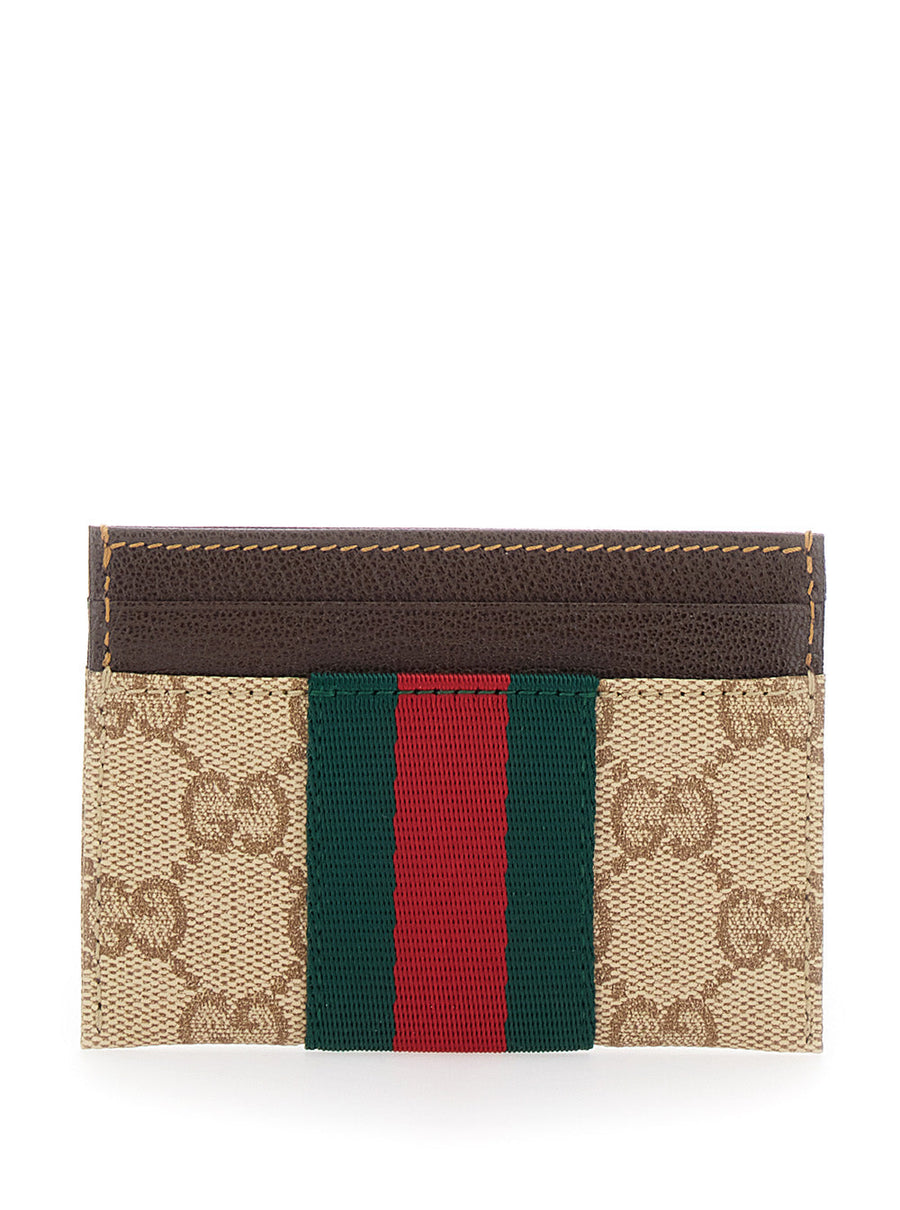 Gucci Gg Motif Web Stripe Card Case — Beige Fabric Cases