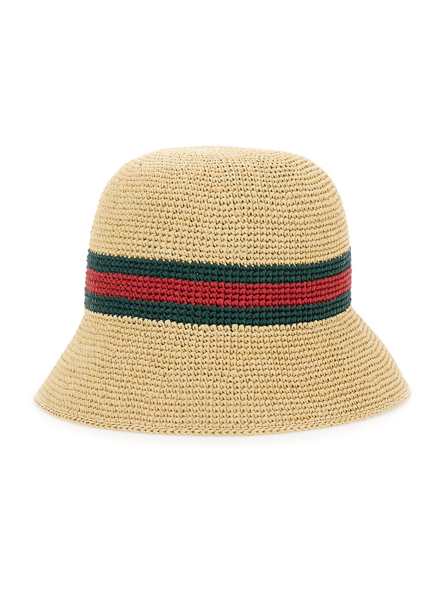 Gucci 876257 Web Stripe Straw Bucket Hat — Beige