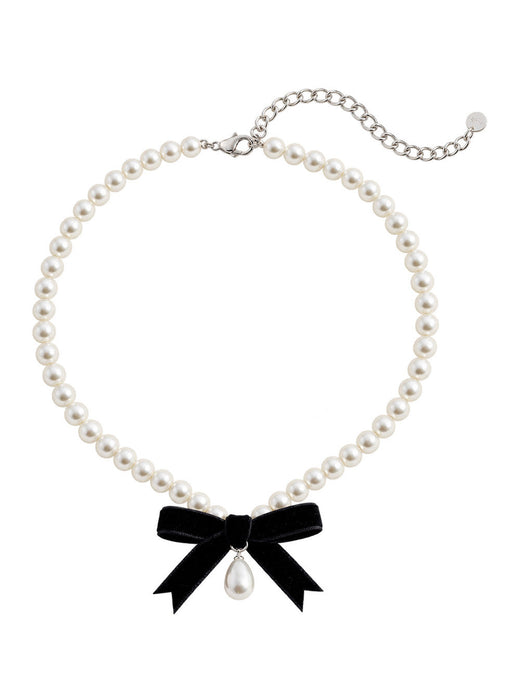 Self-Portrait Pearl And Black Bow Necklace — White Brass Necklaces