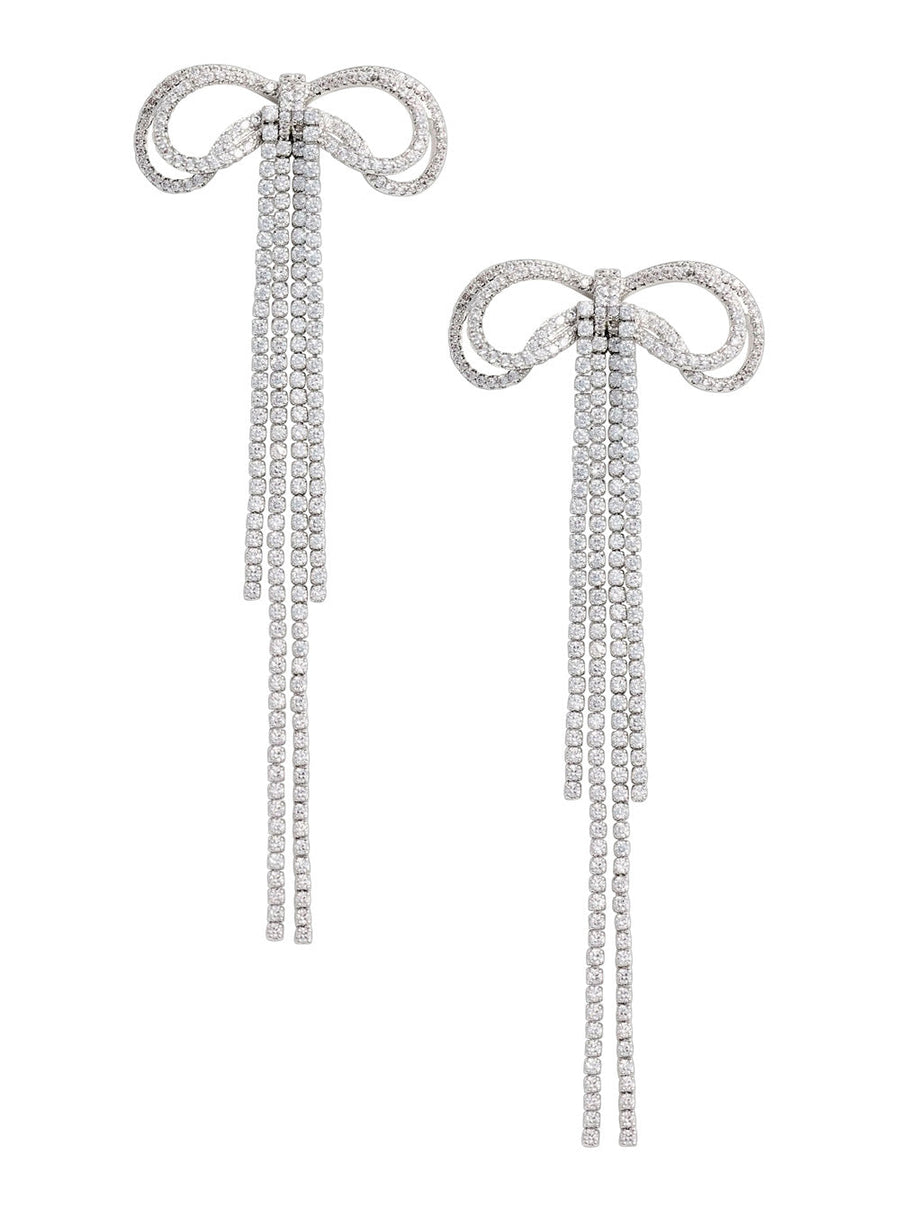 Self-Portrait Bow And Crystal Drop Earrings — Silver Metal