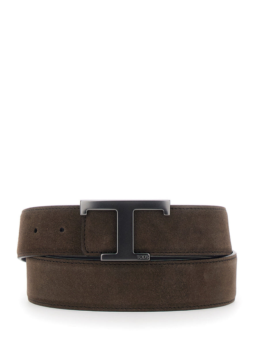 Tods Suede Calf Leather T-Buckle Belt — Brown