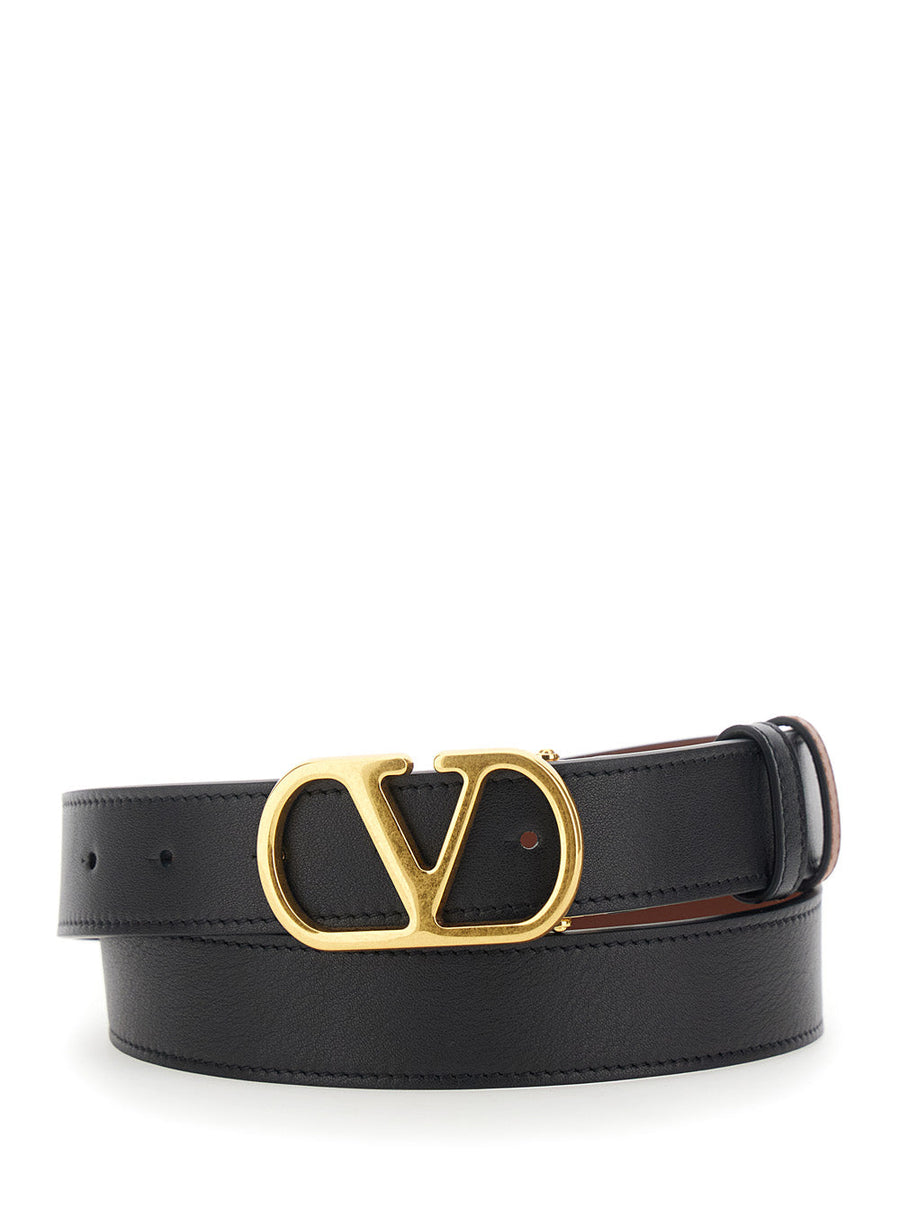 Valentino Garavani Vlogo Buckle Belt — Black Calf Leather