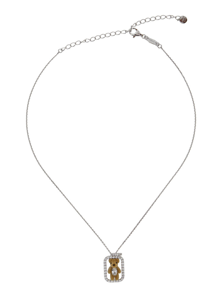 Yvmin Inlaid Mini Bear Pendant Necklace — Beige Fabric With Metal Hardware Necklaces