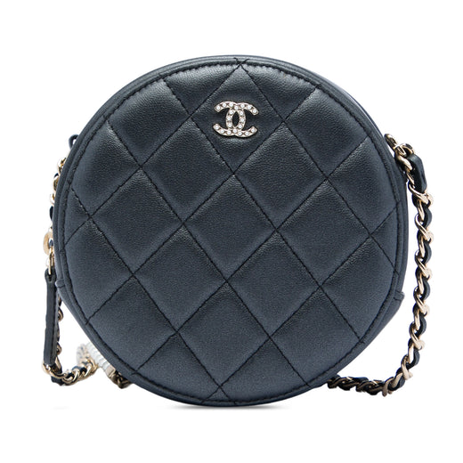 CC Quilted Iridescent Lambskin Pearl Round Clutch with Chain - Image 1