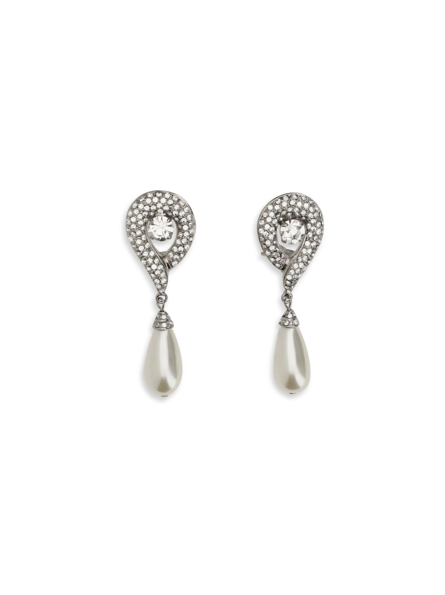 Alessandra Rich Crystal & Pearl Drop Earrings — Silver Brass; Glass