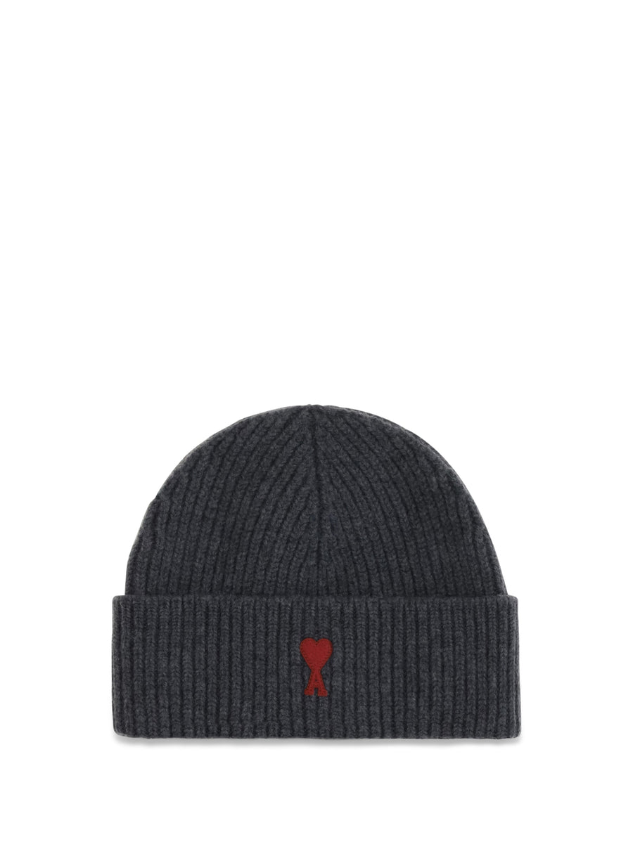 Ami Paris Bfuha116018 Beanie — Gray Merino Wool Ovis Aries Beanies