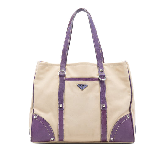 Studded Leather Trimmed Canvas Front Pocket Tote - Image 1