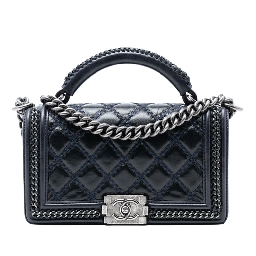 Old Medium Quilted Calfskin Whipstitch Chain Around Boy Top Handle Flap - Image 1
