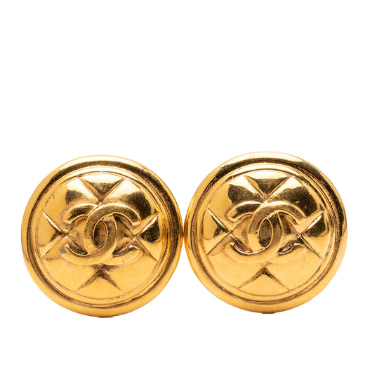 Gold Plated CC Quilted Round Clip On Earrings - Image 1