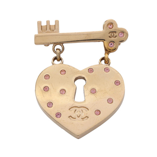 CC Gold Plated Strass Heart Lock and Key Brooch - Image 1
