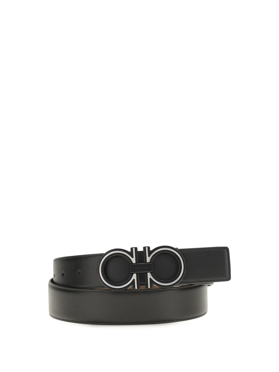 Ferragamo Gancini Buckle Reversible Leather Belt — Black Calf Bos Taurus