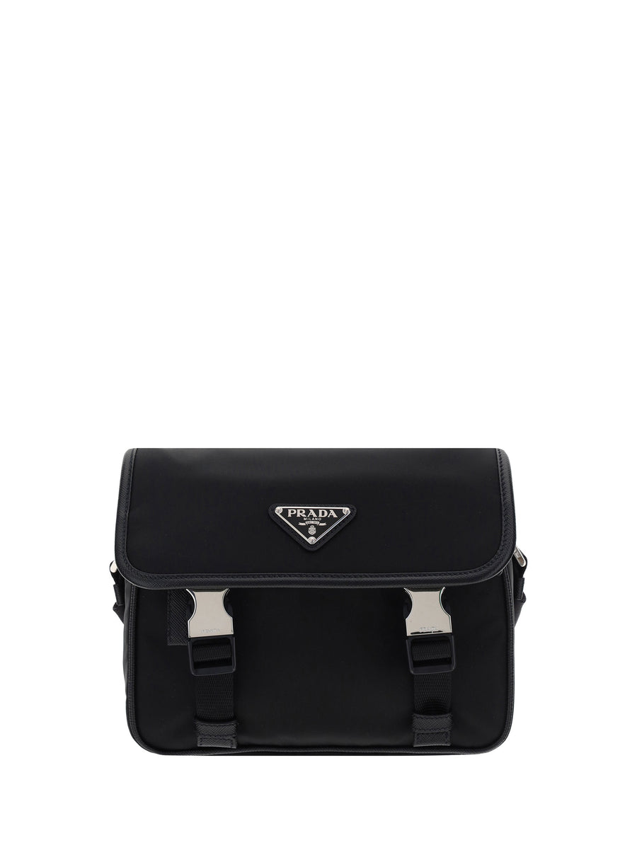 Prada Re-Nylon With Triangular Plaque Shoulder Bag — Black Polyamide
