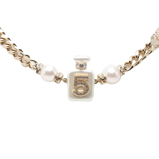 CC Gold Plated Faux Pearl Strass No 5 Perfume Bottle Pendant Necklace - Image 1