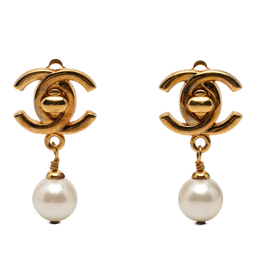 CC Gold Plated Turnlock Faux Pearl Drop Clip On Earrings - Image 1