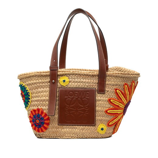 Medium Floral Embroidered Raffia Basket Tote - Image 1