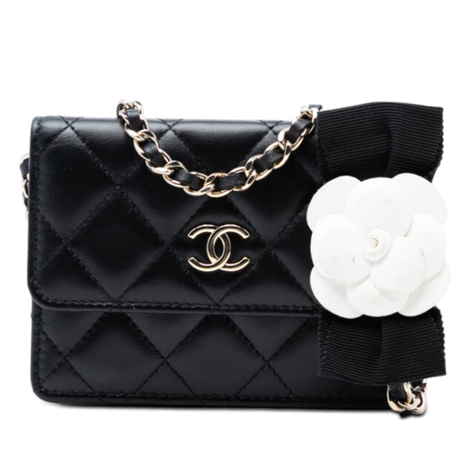 Quilted Lambskin Camellia Bow Card Holder On Chain - Image 1