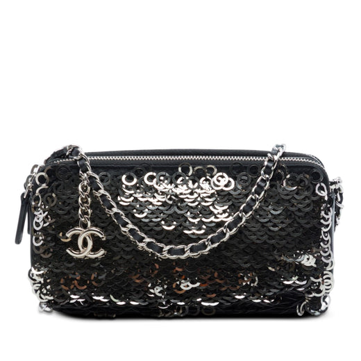 CC Calfskin and Sequin Double Zip Wallet on Chain - Image 1