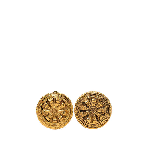 Gold Plated Round Floral Shield Clip On Earrings - Image 1
