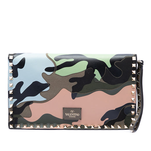 Canvas and Nappa Camouflage Rockstud Wristlet Clutch - Image 1