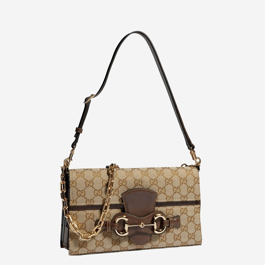 Gucci Horsebit Ristretto Shoulder Bag — Beige Fabric